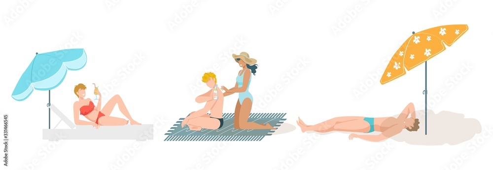 Naklejka premium People on beach sunbathing set, summer vacation at sea cartoon isolated on white vector illustration. Woman and man in swim suit under sun umnrella, girl putting lotion on boyfriend for sunbath.