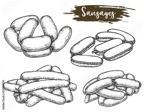 Vintage sketch of tied sausage or line of meat