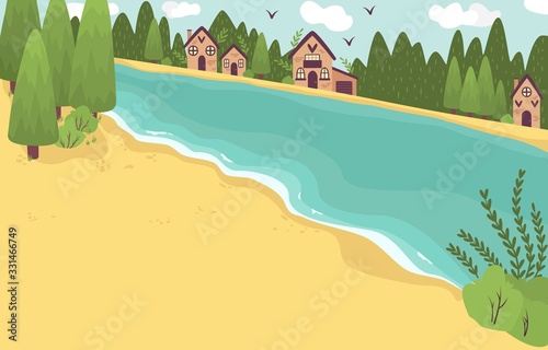 Beach resort huts cottages hotel on nord sea or lake coast in summer, trees, water, vacation cartoon vector illustration. Sand beach private resort for holidays recreation, travelling to sea nature.