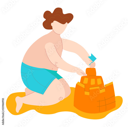 Body positive fat kid in swimsuits on sea builds sand castel, plus size caucasian chid isolated on white flat vector illustration. Love your body. Positive lifestyle people with overweight.