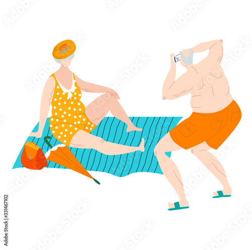 Body positive fat eldery man and woman in swimsuits at sea beach make pictures plus size caucasian people flat vector illustration. Body positive lifestyle old people with overweight.