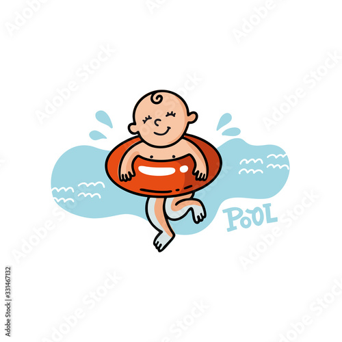 Vector flat illustration of sunburnt baby in swimming goggles swims in the sea. Healthy and cheerful child swims. Summer print for t-shirts, cards, posters for the children's swimming pool for newborn