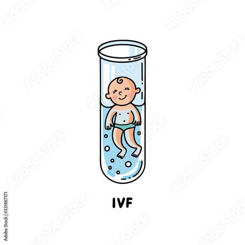 IVF, In vitro fertilization. Vector linear flat illustration. Baby boy embryo floats in a test tube. Outline logo for Infertility Clinic, IVF Center. Infertile couple, fertility problem.