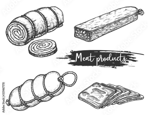 Set of meat products in retro sketch style