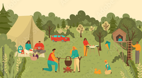 Family and people in park outdoors picnic, mother, father and children with food and playing on countryside grass in summer nature cartoon vector illustration. Family couple and kids on picnic.