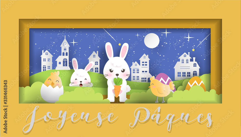 Obraz carte ou bandeau joyeuse pâques dans un cadre en fond une ville en imitation papier de nuit et devant lapin poule poussin et fleurs