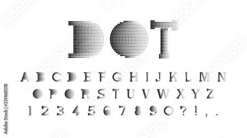 Creative modern half tone font. Halftone effect. Dots design. Alphabet letters and numbers. Letters set. Vector illustration.
