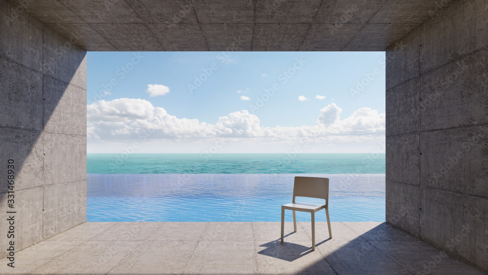 Concrete balcony infinity edge pool with white chair,sea view at sunlight . 3D illustration