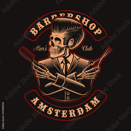 Vector illustration of barber skeletone with scissors in vintage style.