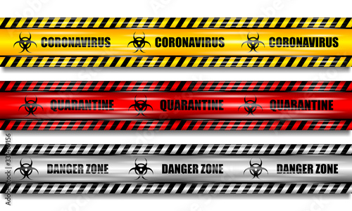 Coronavirus (2019-nCOV), realistic seamless yellow, red and white security tapes on isolated background, set coronavirus tapes, realistic vector illustration