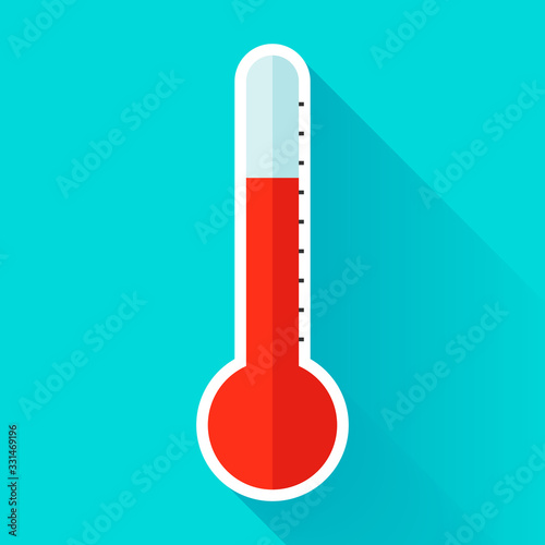 Hot Thermometer in flat style, high temperature, design object on color background. Vector design element 