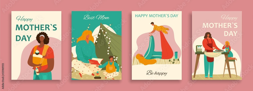 Happy mothers day banners set with mom and baby child, daughter, son cartoon vector illustration. Exercising mom, baby, feeding and playing with daughter before sleep, home motherhood concept.