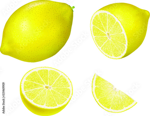 Lemon, slaces and half of lemon on the white background. Vector.