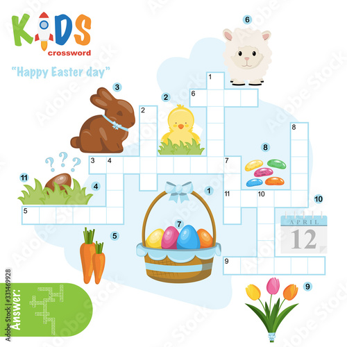 Easy crossword puzzle 'Happy Easter Day', for children in elementary and middle school. Fun way to practice language comprehension and expand vocabulary. Includes answers.