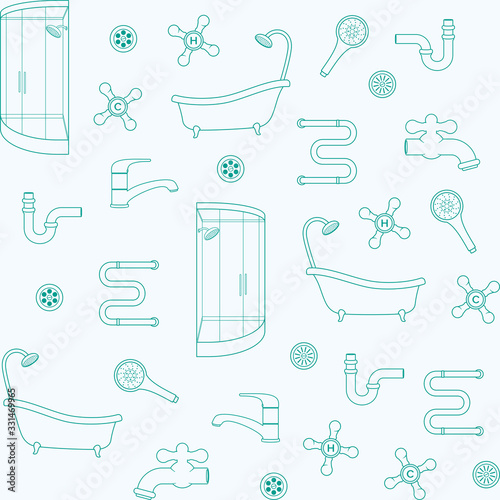 Sanitary equipment, plumbing. Vector seamless pattern for plumbing store, sanitary engineering shop, printing on packaging, fabric, textile. Plumbing concept background, sale, installation, service