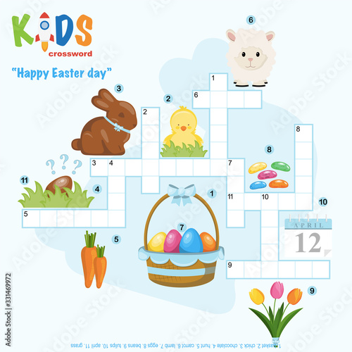 Easy crossword puzzle 'Happy Easter Day', for children in elementary and middle school. Fun way to practice language comprehension and expand vocabulary. Includes answers.