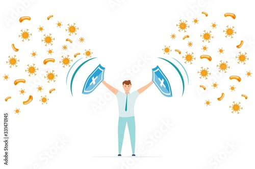 Immune system vector icon logo. Health bacteria virus protection. Medical prevention human germ. Healthy man reflect bacteria attack with shields. Boost Immunity with medicine concept illustration