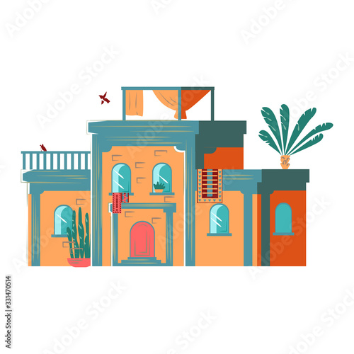 Residential house building exterior, facade architecture, two floors, brick tower flat vector illustration isolated on white. Old european cottage facade with widows, chimney and cobbler signboard.