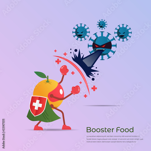 Fototapeta Funny cartoon character of orange superhero fight against outbreak viruses and bacteria. Power of booster food concept to fight disease. vector illustration