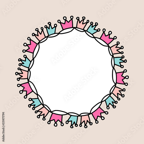 Crown in paste colors hand drawn vector frame in cartoon comic style kids design