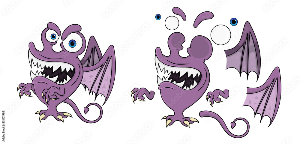 Purple Monster with Wings Cartoon Character. Isolated on white background vector. Some elements on separate layers. Purple Monster with Wings Cartoon Character. Isolated on white background vector. Some elements on separate layers.
