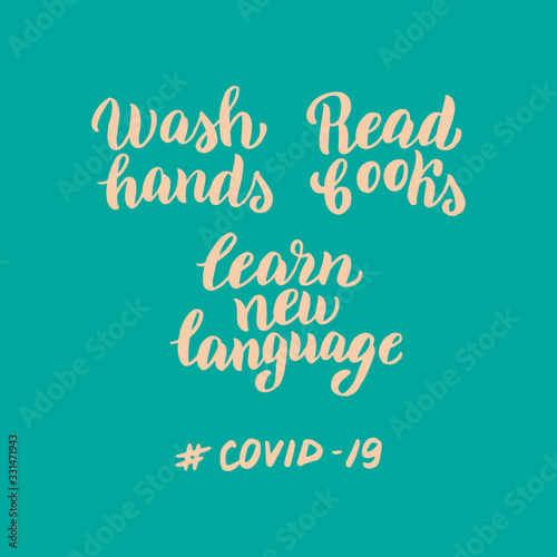 Coronavirus warning poster. Covid-19 inscription lettering banner. Sign to prevent desease outbreak. Stop corona virus epidemic concept leaflet. Vector eps 10.