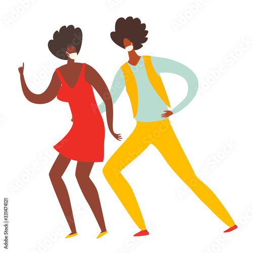 Coronavirus quarantine epidemic concept. Dancing masked people vector illustration. Self isolation at home, rave party, social dance together.Cartoon style drawing icon. What to do at quarantine