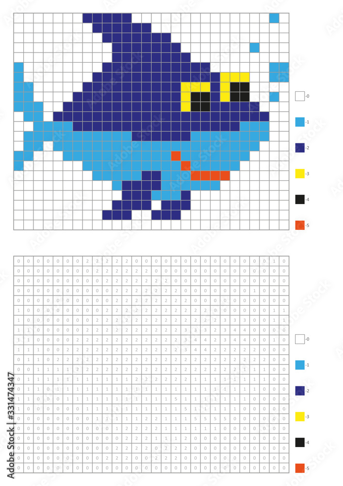 Fototapeta premium Kids coloring page, pixel coloring cartoon shark. Vector illustration