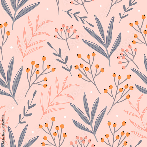 Decorative hand drawn berries seamless pattern with leaves branches for print, textile, wallpaper. Trendy botanical background.