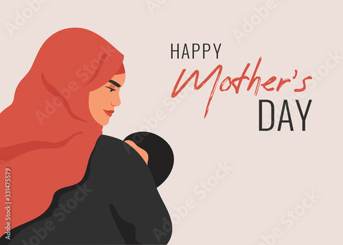 Mother`s Day greeting card. Arabian Mother Holding Baby Son in her arms. Saudi woman wearing pink hijab and her small child. vector illustration
