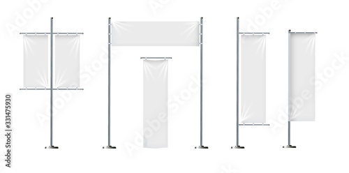 Vector set of blank, textile banners or flags in various shapes, for brand promotion, marketing, advertisement isolated on background. Outdoor, portable pole with cloth, mockup for your design.
