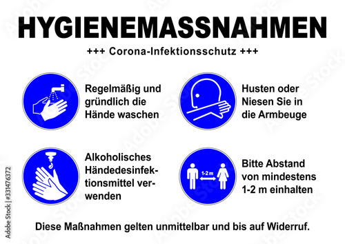 ds44 DiskretionSchild - german sign: Hygienemassnahmen / Corona Infektionsschutz - Gebotszeichen: Desinfektionssymbol - Abstand halten - Armbeuge - Hände waschen / desinfizieren. DIN A1 A2 A3 A4 g9300 photo