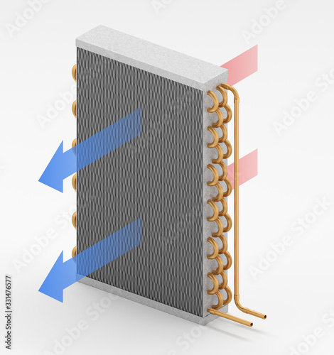 3D illustration of a cooling coil with air flow arrows