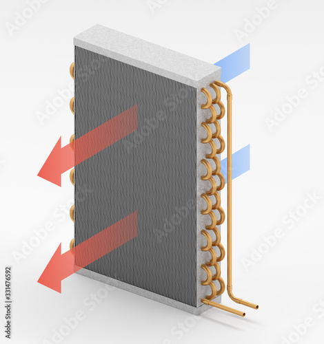 3D illustration of a cooling coil with air flow arrows photo