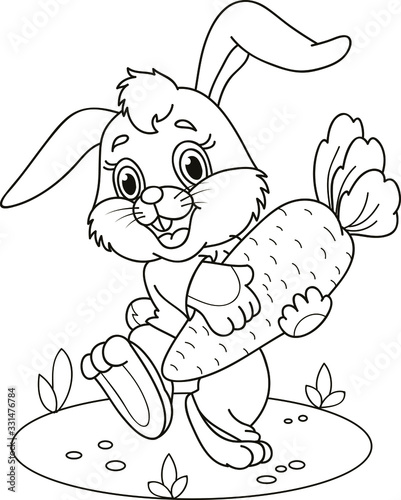 Coloring page outline of cartoon rabbit with carrot. Vector illustration, coloring book for kids.
