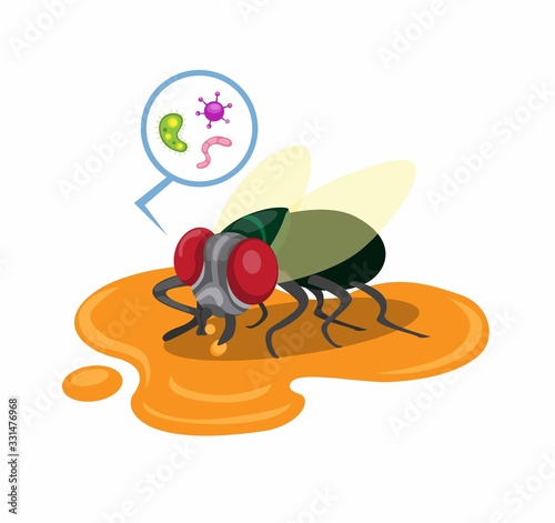 flies land on food scraps on the floor with bacteria, dirty insect in cartoon flat illustration vector isolated in white background