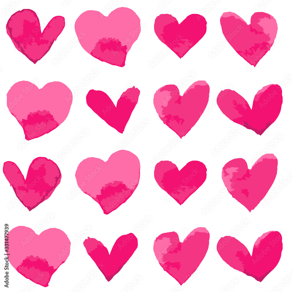 Vector watercolor illustrated pink love hearts set for Valentine's day