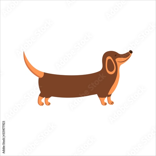 Happy dachshund walks and smiles. National Puppy Day. Lovely animal, people best friend, favorite pet. National Dog Day. Colorful illustration cartoon style photo