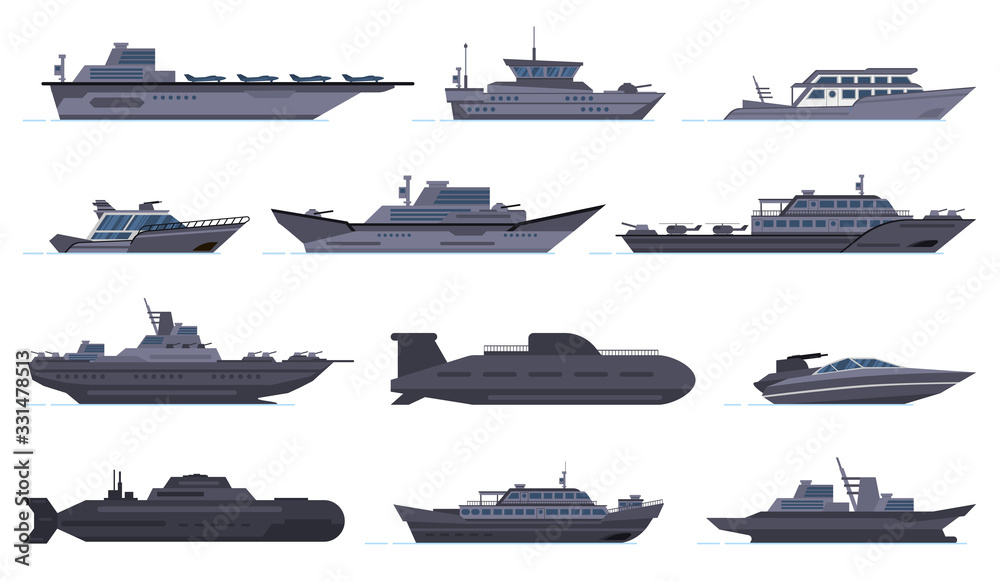 Vettoriale Stock Military ships. Battle combat boats, missile ship,  security boats, modern warships and submarine, army weapon battleships  vector icons set. Military boat and ship, force vessel illustration | Adobe  Stock