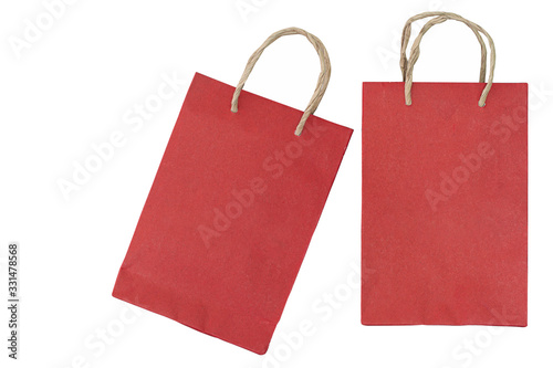 Red Paper bag isolated on white background. Mockup for design
