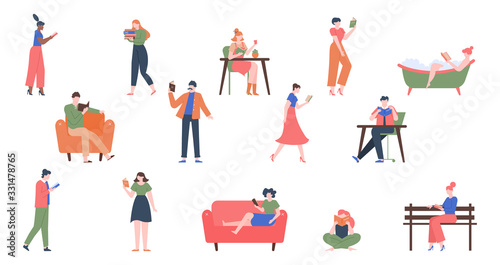 Books lovers. Reading people, knowledge and education library concept, literature readers, man and woman holding books vector illustration set. Reader lover reading book, people education photo