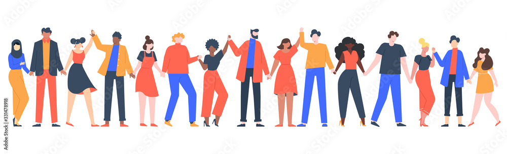 Group of smiling people. Team of young men and women holding hands, characters standing together, friendship, unity concept vector illustration. Group people woman and man standing