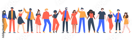 Group of smiling people. Team of young men and women holding hands, characters standing together, friendship, unity concept vector illustration. Group people woman and man standing photo