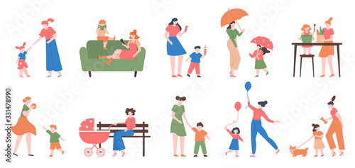 Mother and children. Young happy mom and kids, daughter and son, playing, reading and cooking together, motherhood love vector illustration set. Motherhood daughter, woman child happiness together