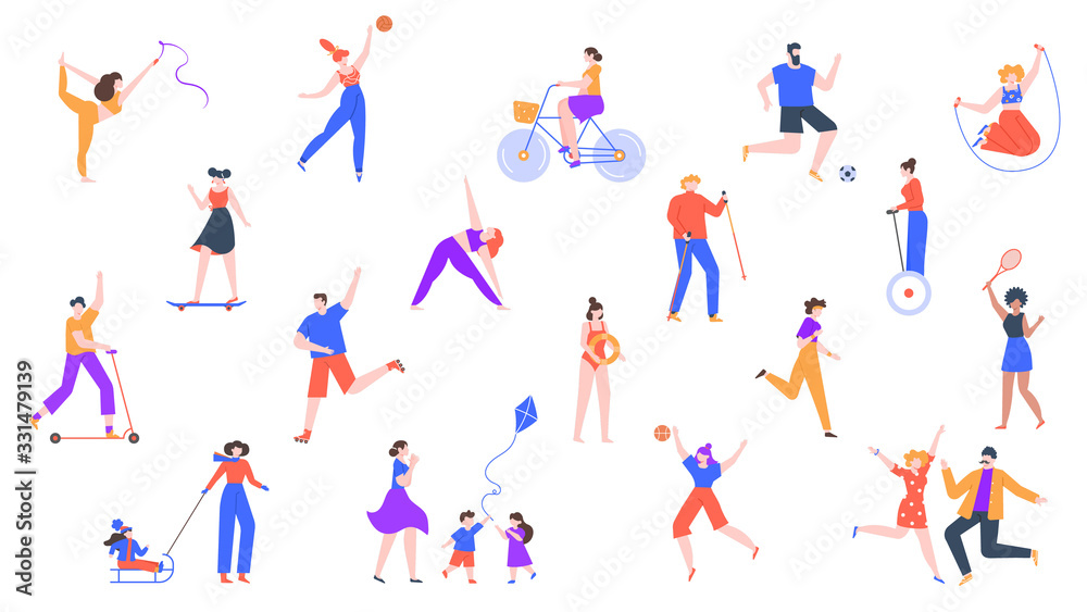 Outdoor activity. Characters jogging and do sports, outdoor healthy activities, riding kick scooter, roller skating and cycling vector icon set. Character activity sport, badminton illustration