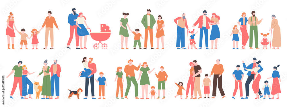 Family groups. Love family portraits, traditional families, mother, father, happy kids, different generations characters vector illustration set. Happy mother father together, portrait collection