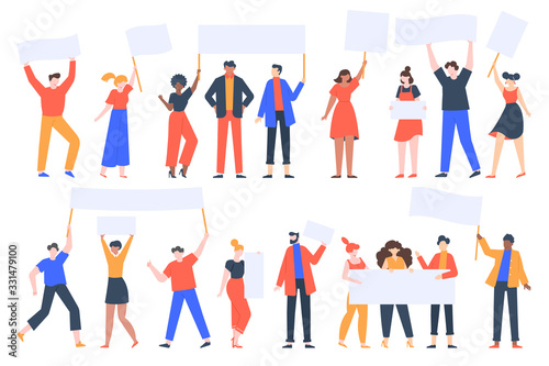 People hold banners. Activists with placards, peaceful rights protest, manifestation, men and women parade participation vector illustration set. Parade rights, adult picket and strike