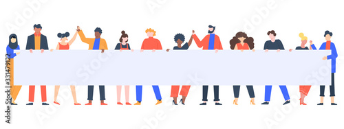 Young people holding banner. Activists group with empty placard, peaceful rights protest, manifestation march isolated vector illustration