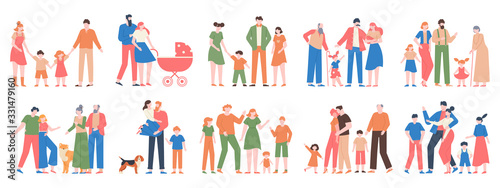 Family groups. Love family portraits, traditional families, mother, father, happy kids, different generations characters vector illustration set. Happy mother father together, portrait collection