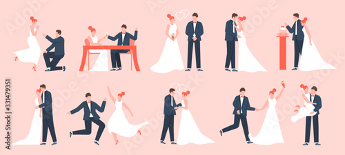Wedding couple. Marriage bride and groom, newlyweds in love, young family dancing and celebrating, marriage ceremony vector illustration set. Bride and groom, wedding marriage love, dress newlywed photo